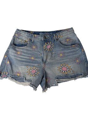 No Boundaries Boho Chic Sunflower Denim Shorts With Playful Frayed Edges Size 13